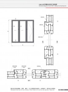 Dibujo estructural de la ventana plegable corrediza Serie GRU55