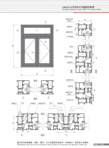 Dibujo estructural de la ventana abatible con apertura interior Serie GRE55-Ⅳ